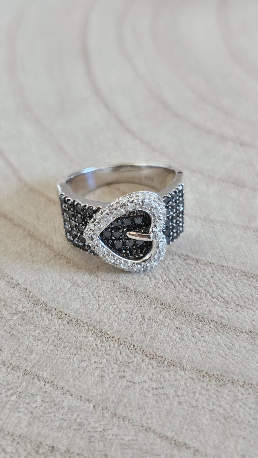Sterling Silver Natural Black & Clear Diamond Buckle Ring Size N 1/2