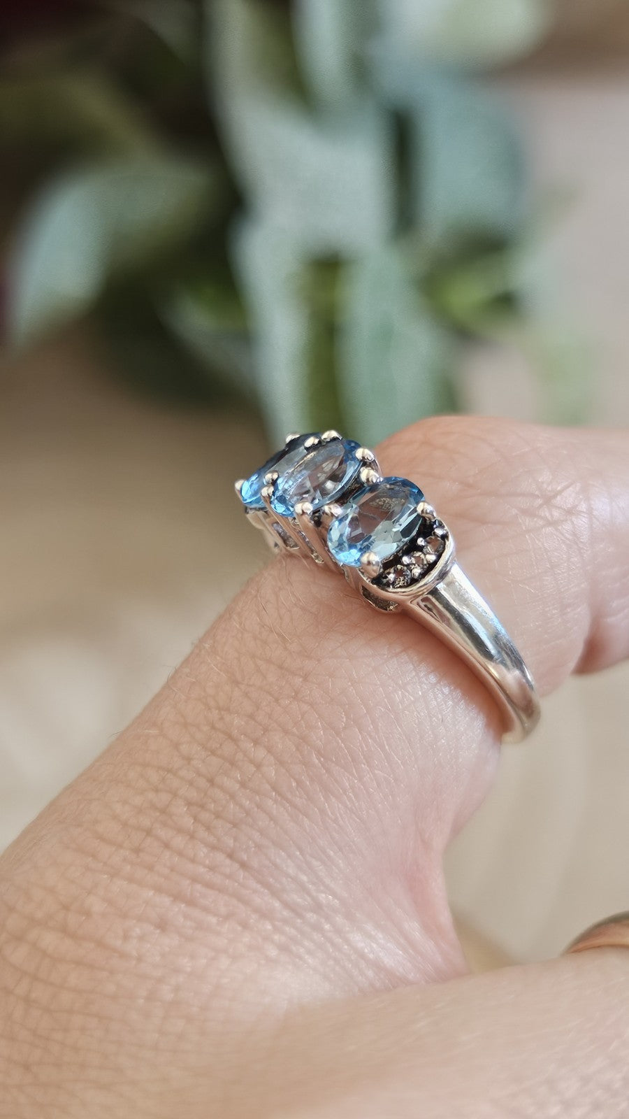 925 Sterling Silver Blue Topaz & Zircon Trilogy Ring Size L 1/2 TGGC