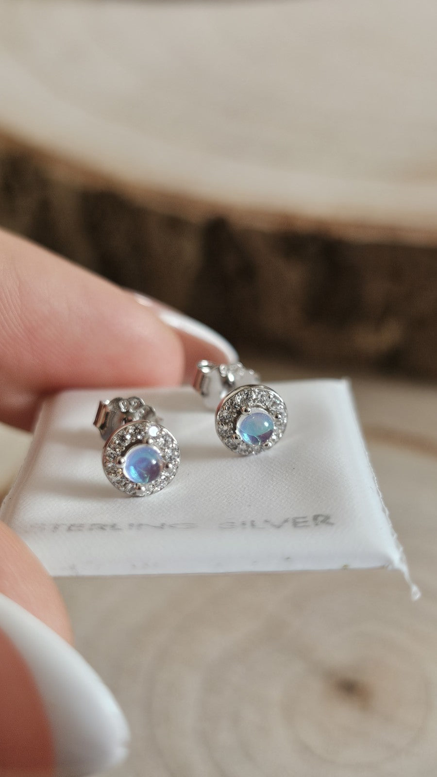 925 Sterling Silver Moonstone CZ Halo Stud Earrings 6mm Round Stamped 925 , New