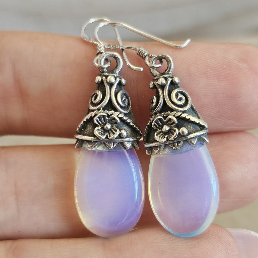 925 Sterling Silver Opalite Drop Earrings Floral Dangle Hooks 46.5mm