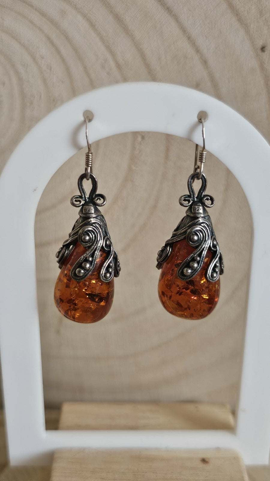 Vintage 925 Sterling Silver Amber Drop Earrings Ornate Dangle 13.57g