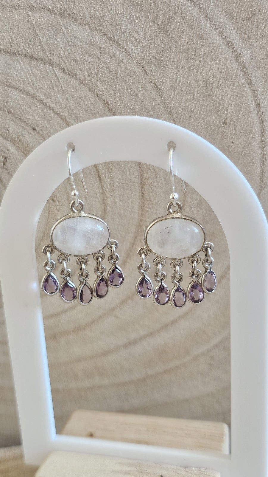 925 Sterling Silver Natural Moonstone & Amethyst Chandelier Drop Earrings