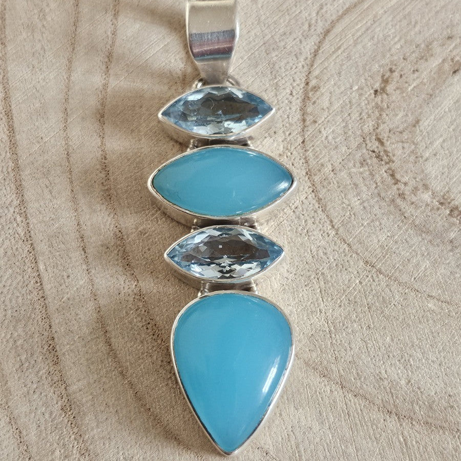925 Sterling Silver Blue Chalcedony & Blue Topaz Gemstone Pendant – Length 62mm