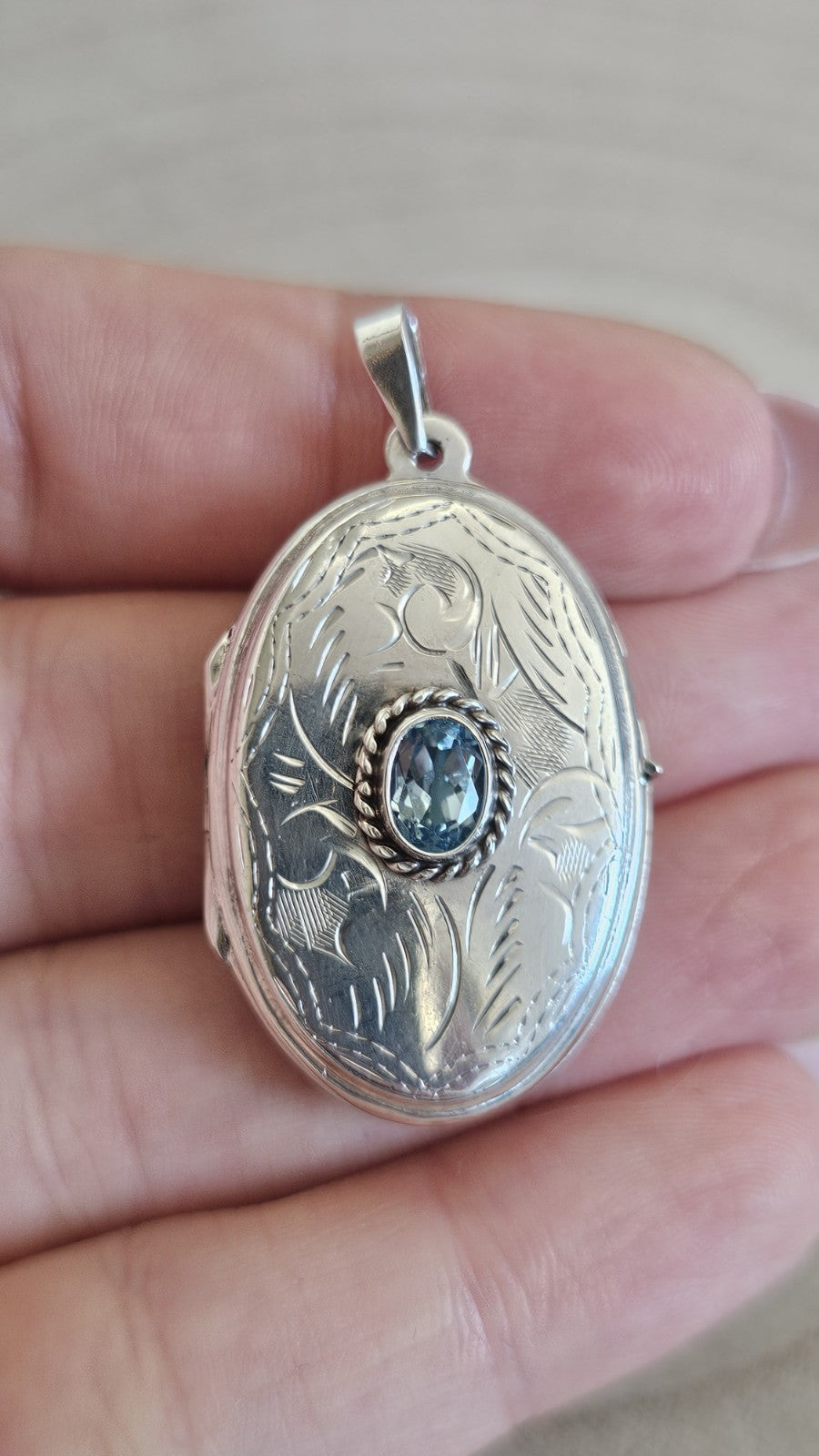 925 Sterling Silver Oval Photo Locket Pendant, Bezel Set Oval Blue Topaz Stone