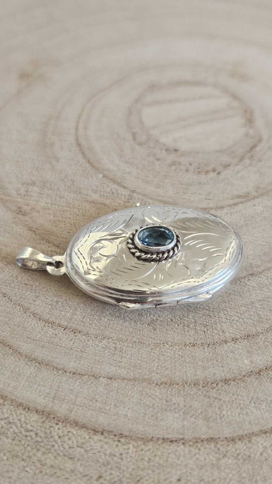 925 Sterling Silver Oval Photo Locket Pendant, Bezel Set Oval Blue Topaz Stone