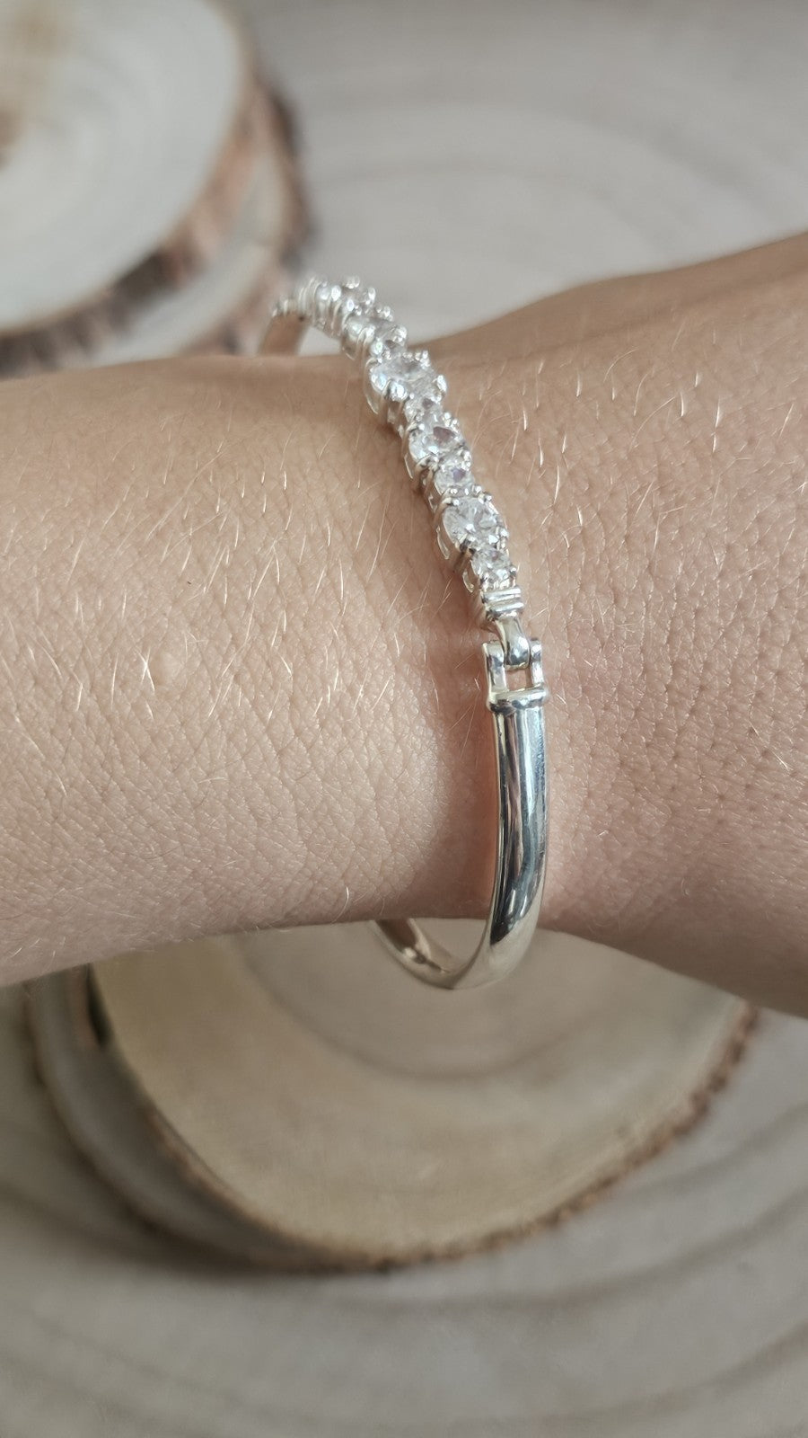 925 Sterling Silver CZ Tennis Style Hinged Bangle Bracelet 7" Fully Hallmarked
