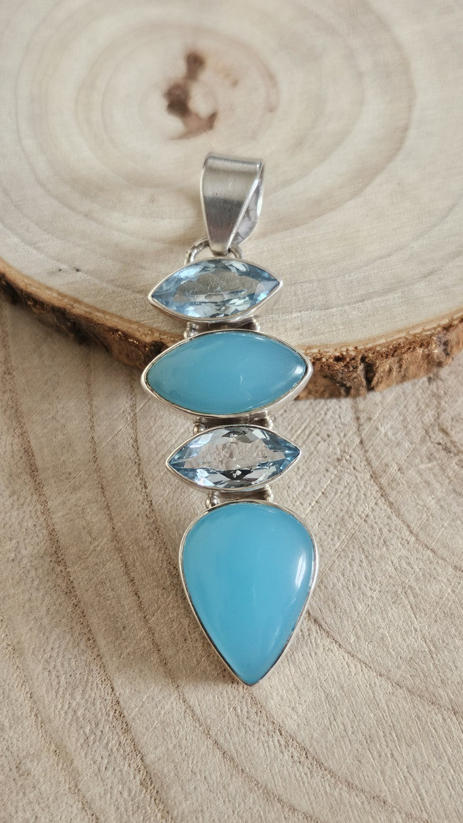 925 Sterling Silver Blue Chalcedony & Blue Topaz Gemstone Pendant – Length 62mm