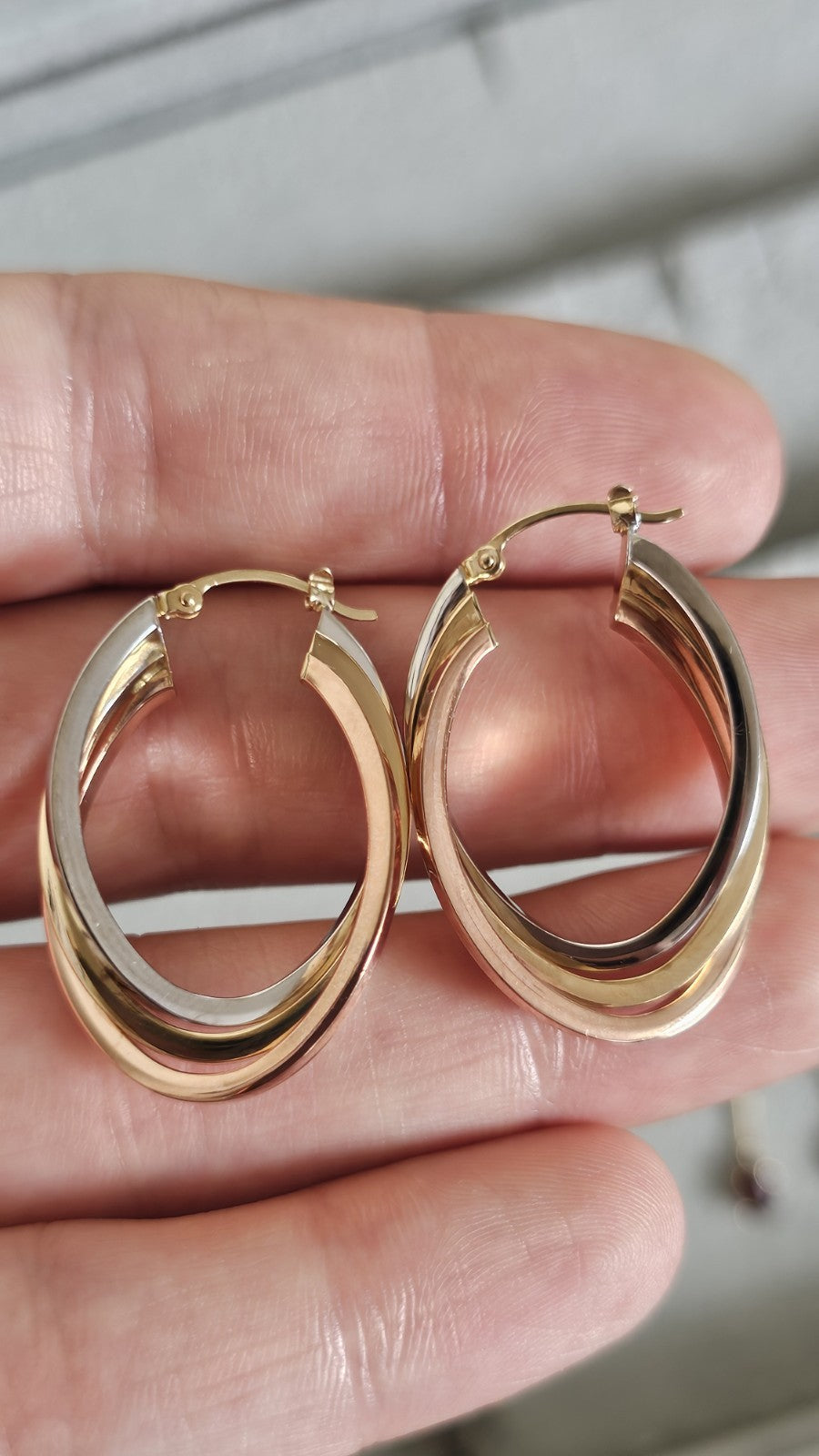 14ct Tri Colour Gold Triple Hoop Earrings 4.79g 33.5mm 14K Rose White Yellow