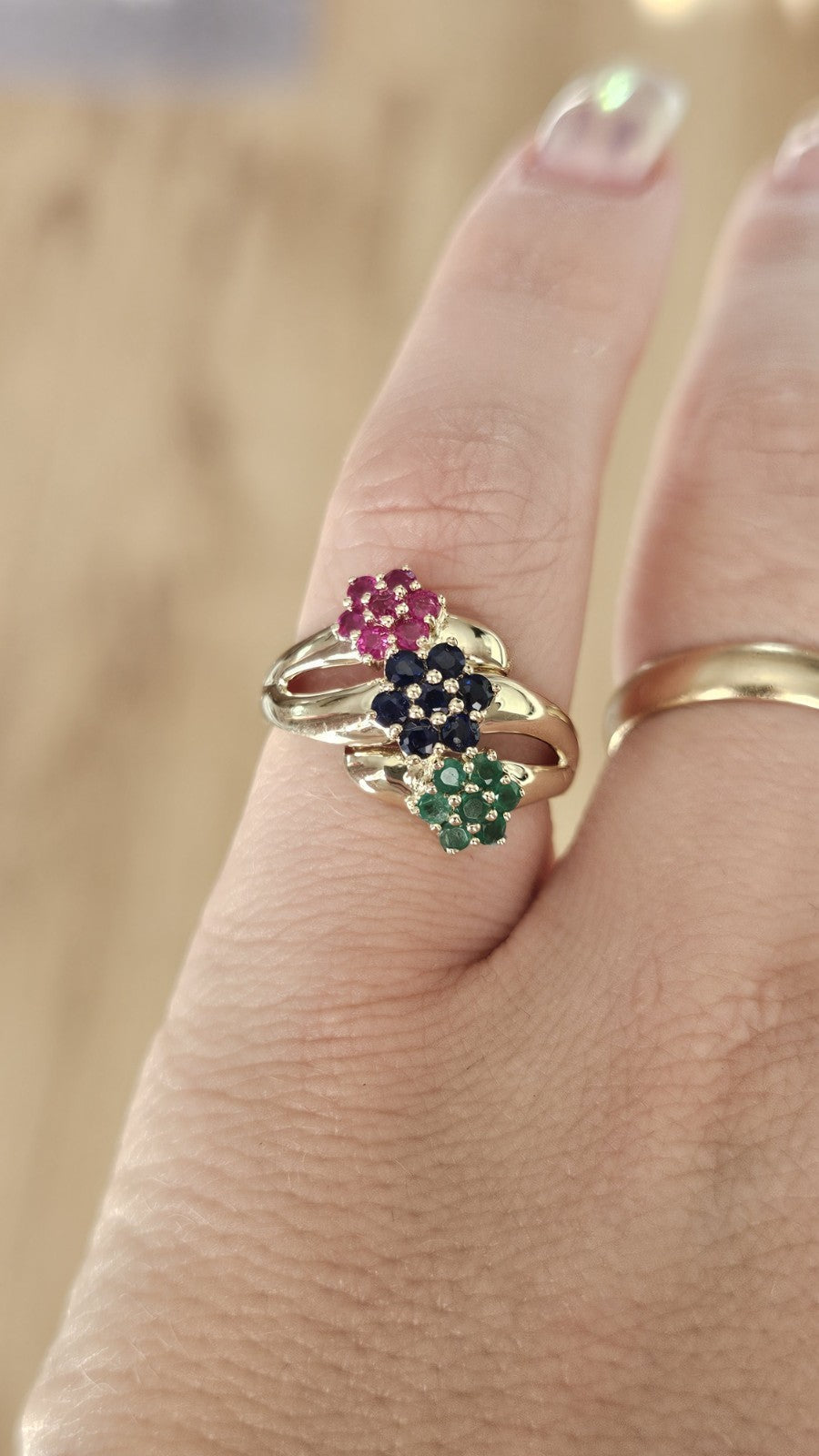 Vintage 9ct Yellow Gold Natural Ruby Sapphire & Emerald Cluster Ring – Size O 🌈
