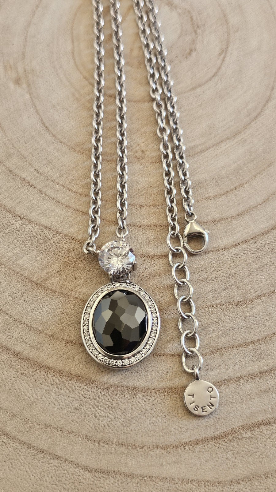 TI SENTO  Sterling Silver Black & Clear Stone Pendant Necklace 19-20.5", 29.76g 