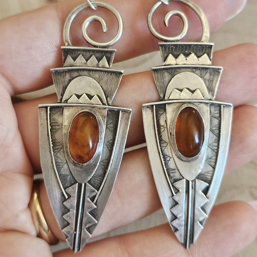 Vintage 1993 925 Sterling Silver Amber Drop Earrings Hallmarked 14g