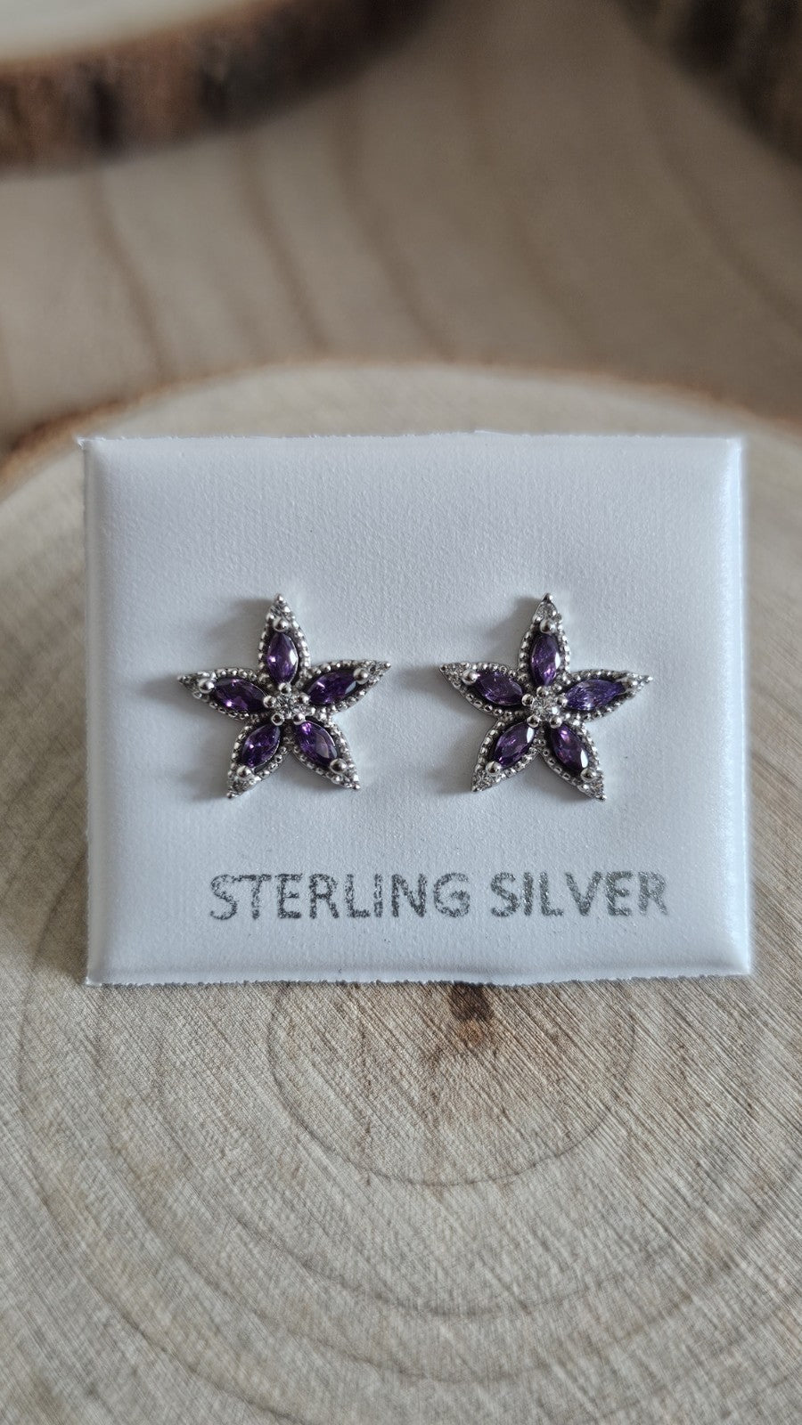925 Sterling Silver Purple CZ Flower Stud Earrings 11mm Floral Star New