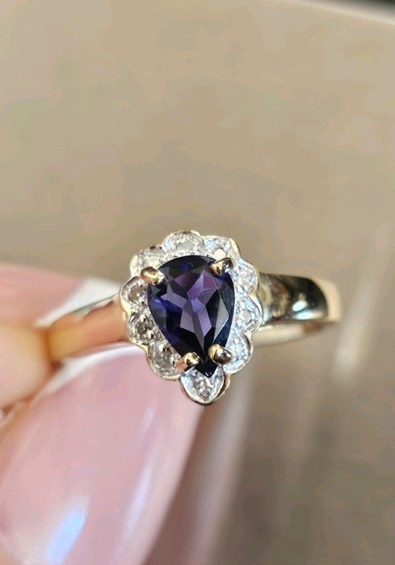 9ct Yellow Gold Natural Tanzanite & Diamond Halo Ring Size K 1/2 2.24g