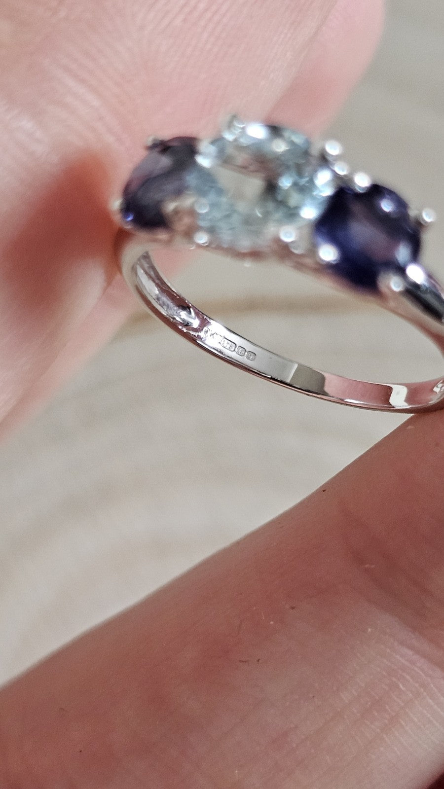 9ct White Gold Natural Aquamarine & Iolite Trilogy Ring Size L Hallmarked