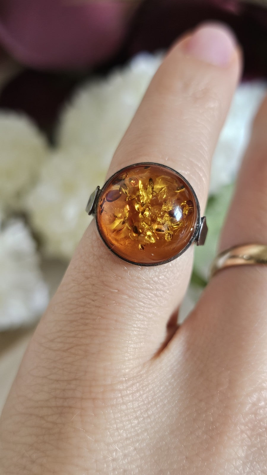 Vintage 925 Sterling Silver Amber Ring Size L 1/2 Honey Cognac 3.31g