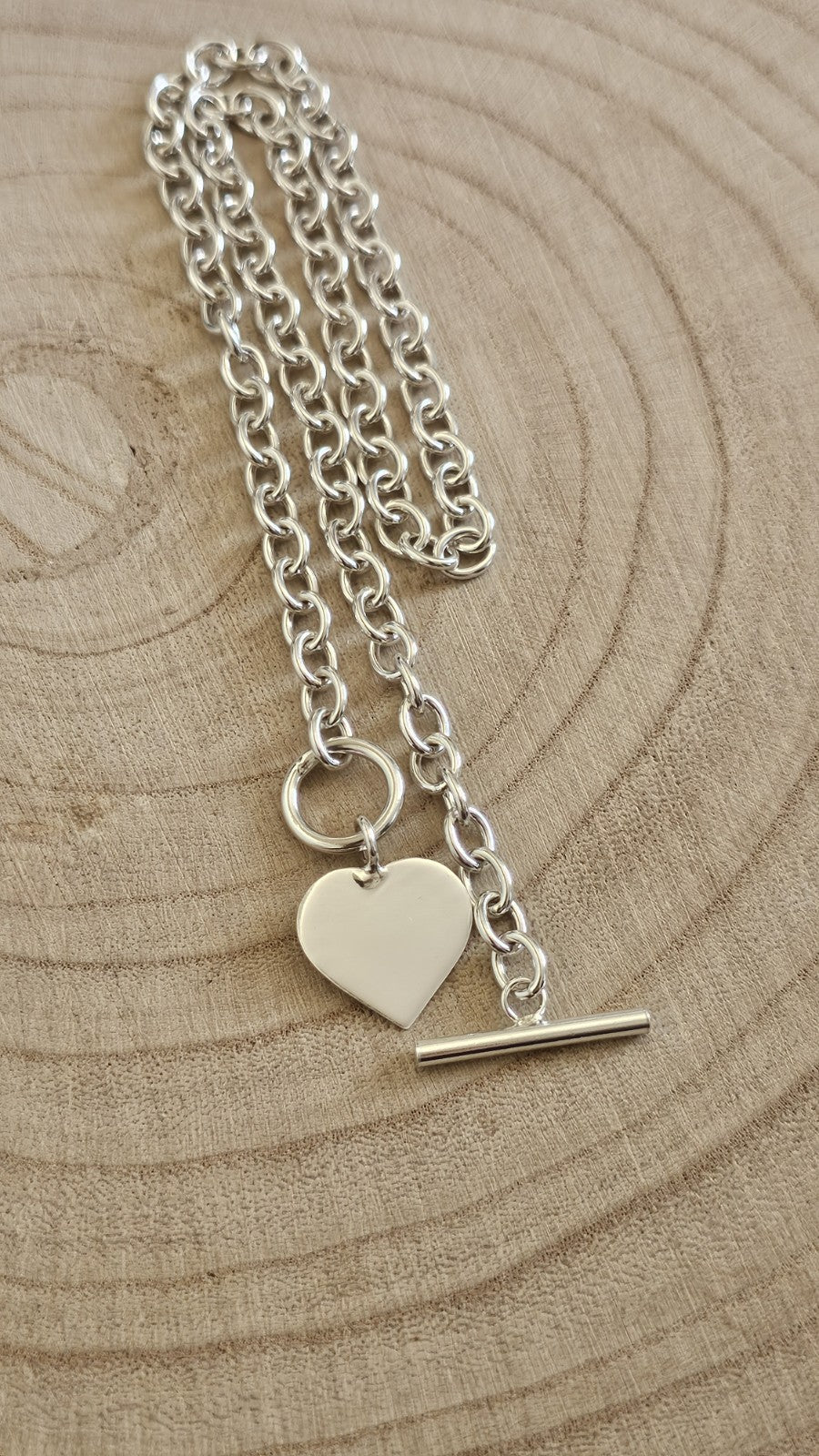 925 Sterling Silver Chunky Heart Pendant Necklace T-Bar Hallmarked 27.61g