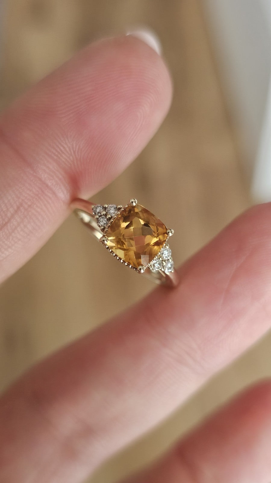 9ct Yellow Gold Natural Citrine & 0.13ct Diamond Ring Size K 1/2 Hallmarked