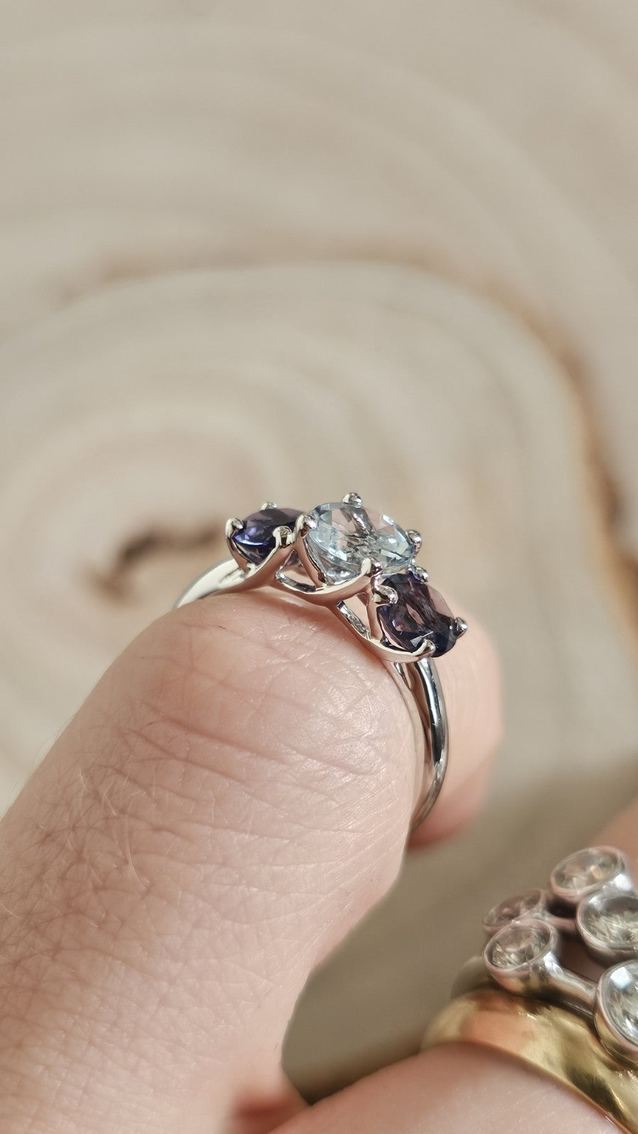 9ct White Gold Natural Aquamarine & Iolite Trilogy Ring Size L Hallmarked