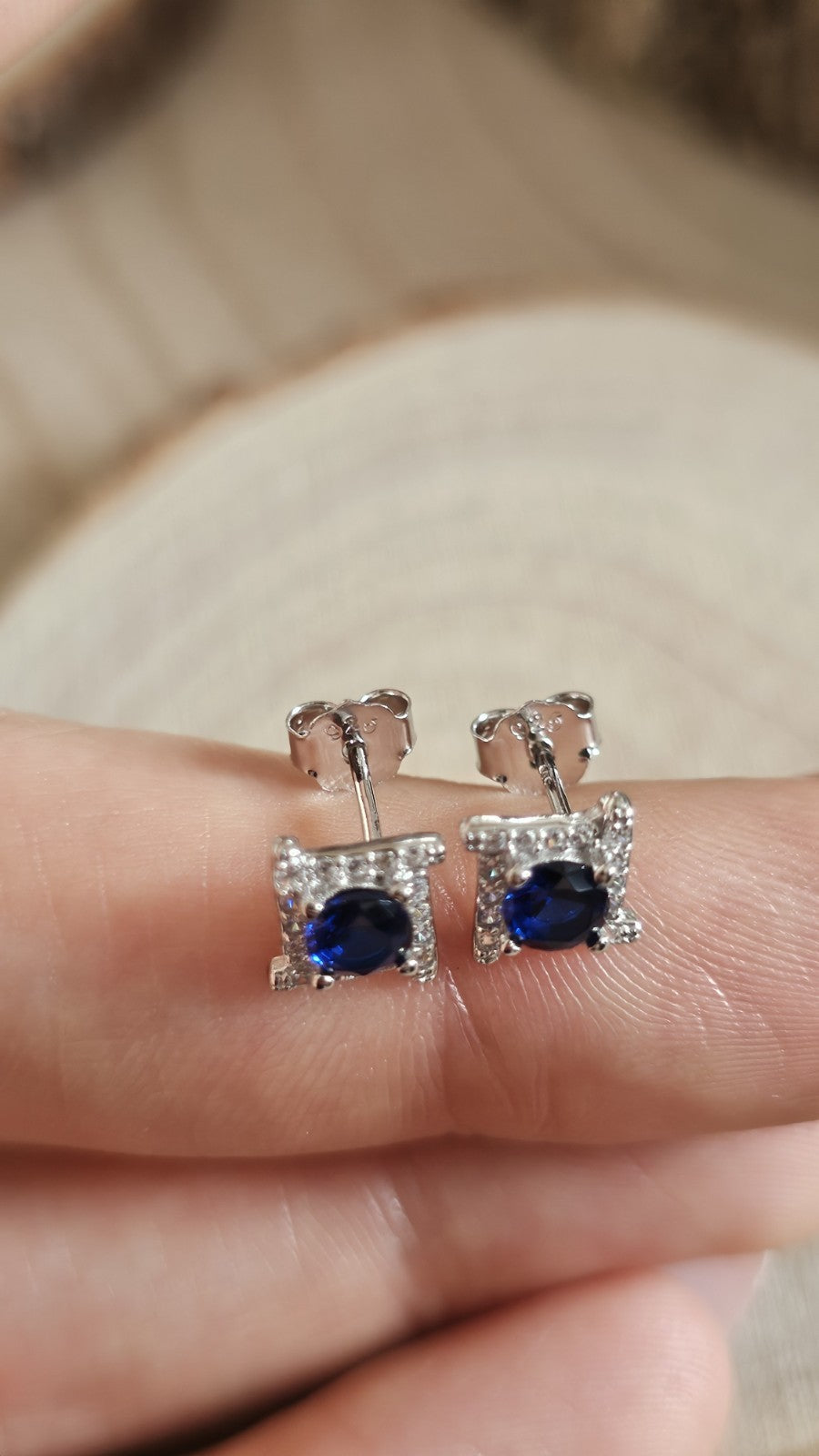 925 Sterling Silver Blue CZ Square Halo Stud Earrings Rhodium Plated 7mm New