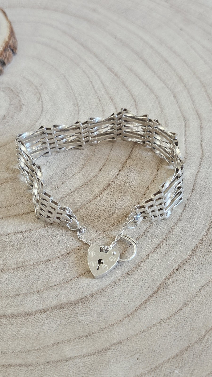 Vintage 1978 Sterling Silver Gate Bracelet Heart Padlock Hallmarked 7" 20.45g