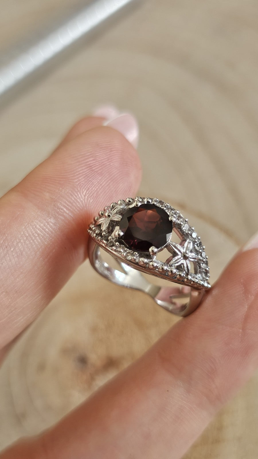 TGGC 925 Sterling Silver Garnet & Zircon Ring Size P 1/2 5.40g