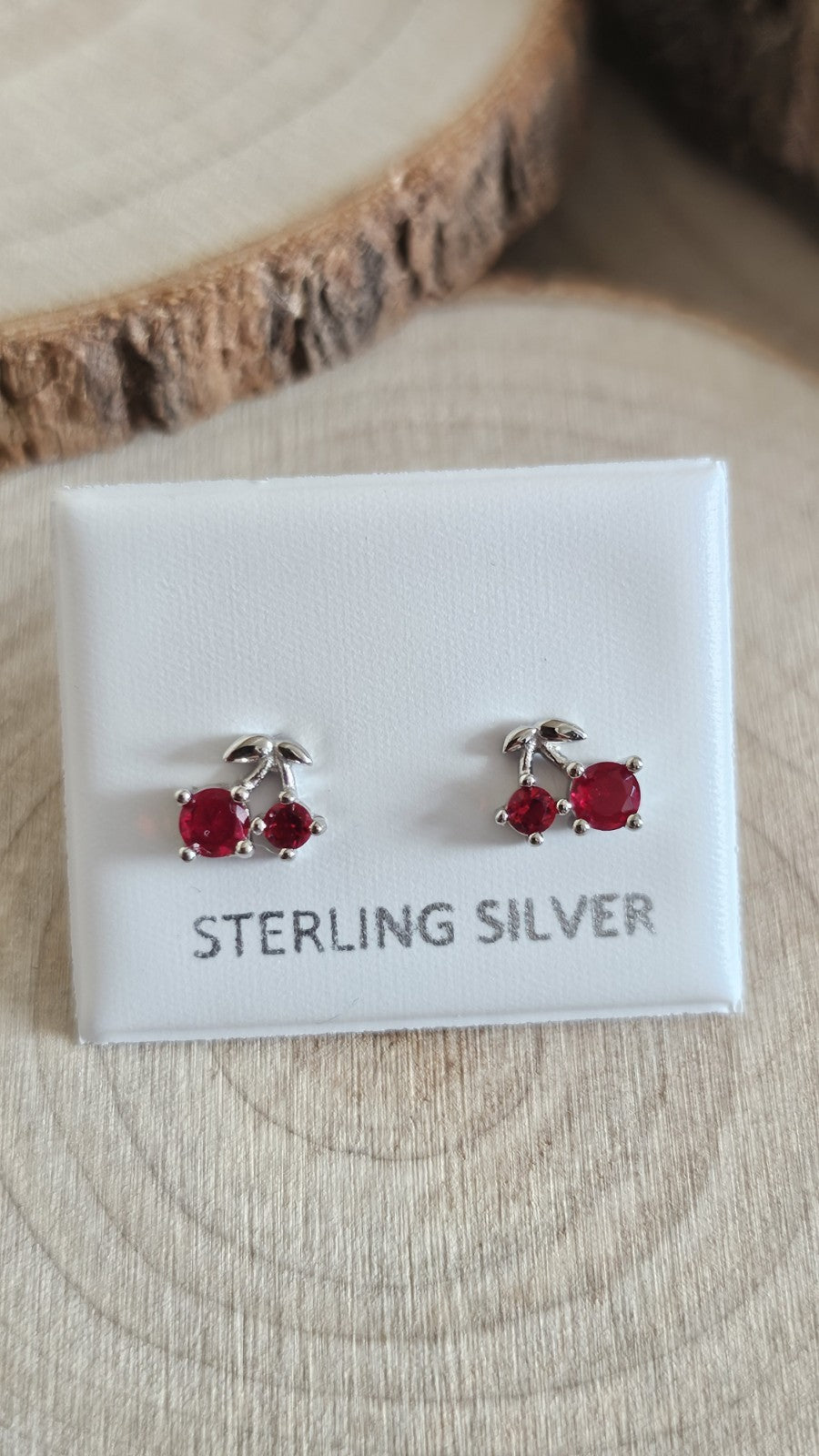 925 Sterling Silver Red Stone Cherry Stud Earrings Rhodium Plated 7.5mm