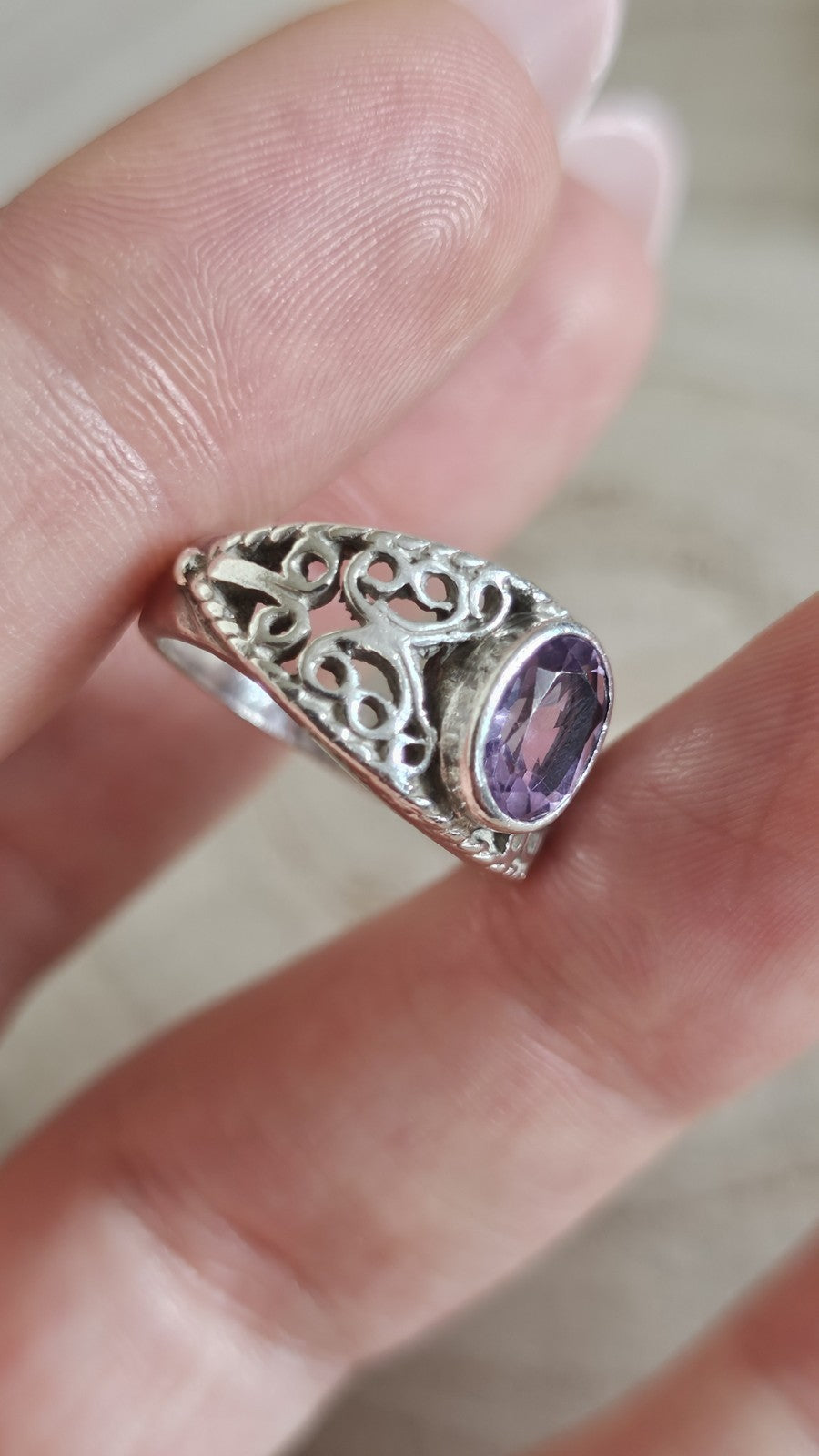 925 Sterling Silver Amethyst Filigree Statement Ring – Size M – 5.51g