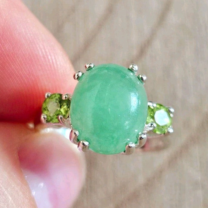 925 Sterling Silver Jade & Peridot Gemstone Ring Size P 4.28g