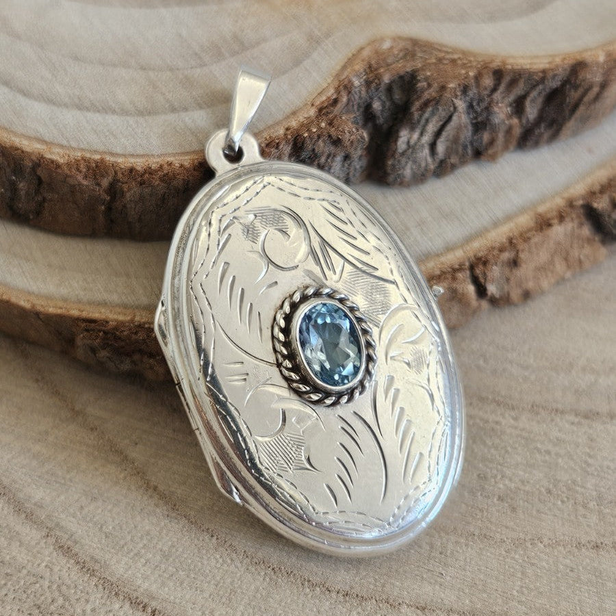 925 Sterling Silver Oval Photo Locket Pendant, Bezel Set Oval Blue Topaz Stone