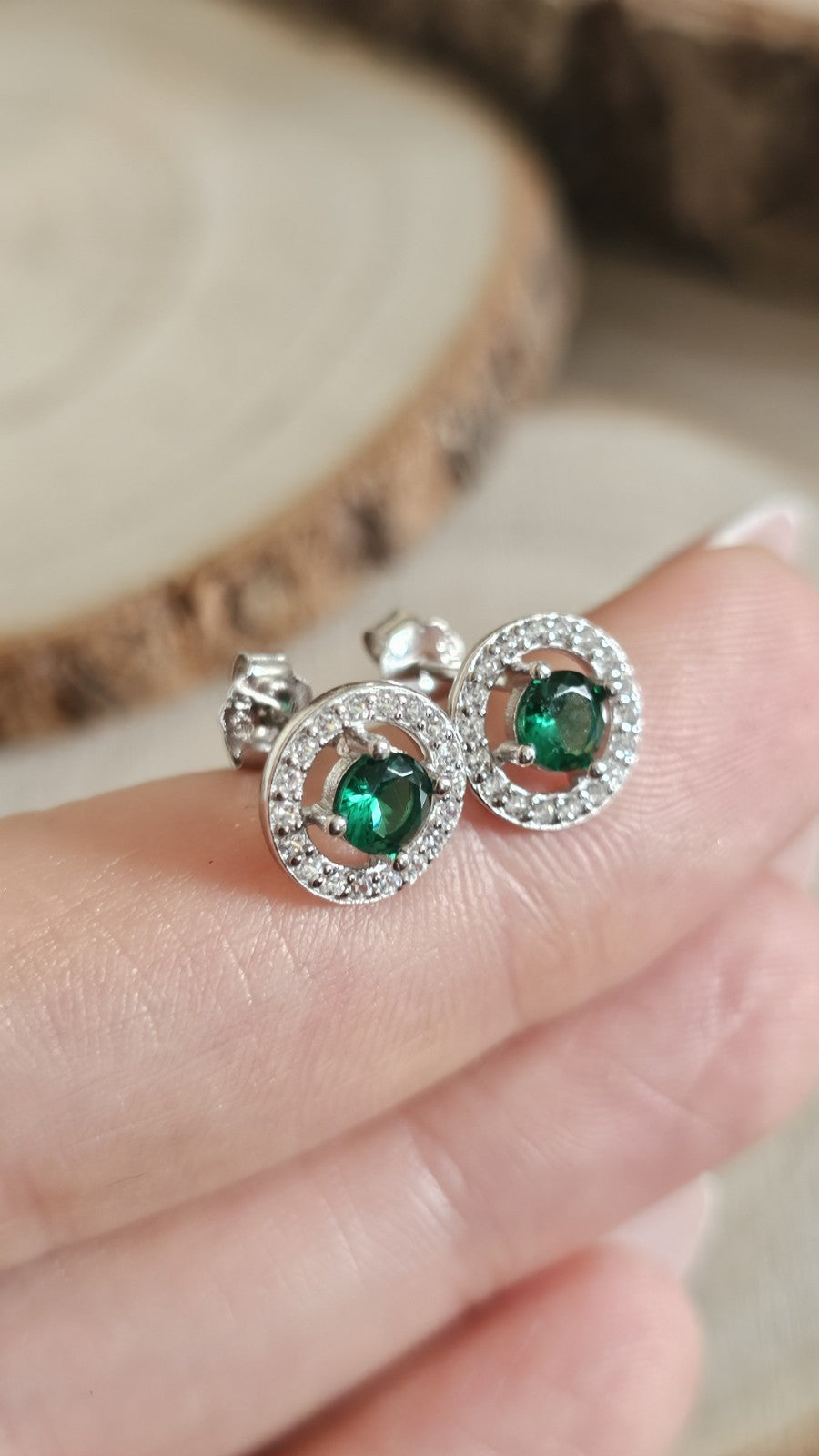 925 Sterling Silver Emerald Green CZ Halo Stud Earrings – Rhodium Plated , New