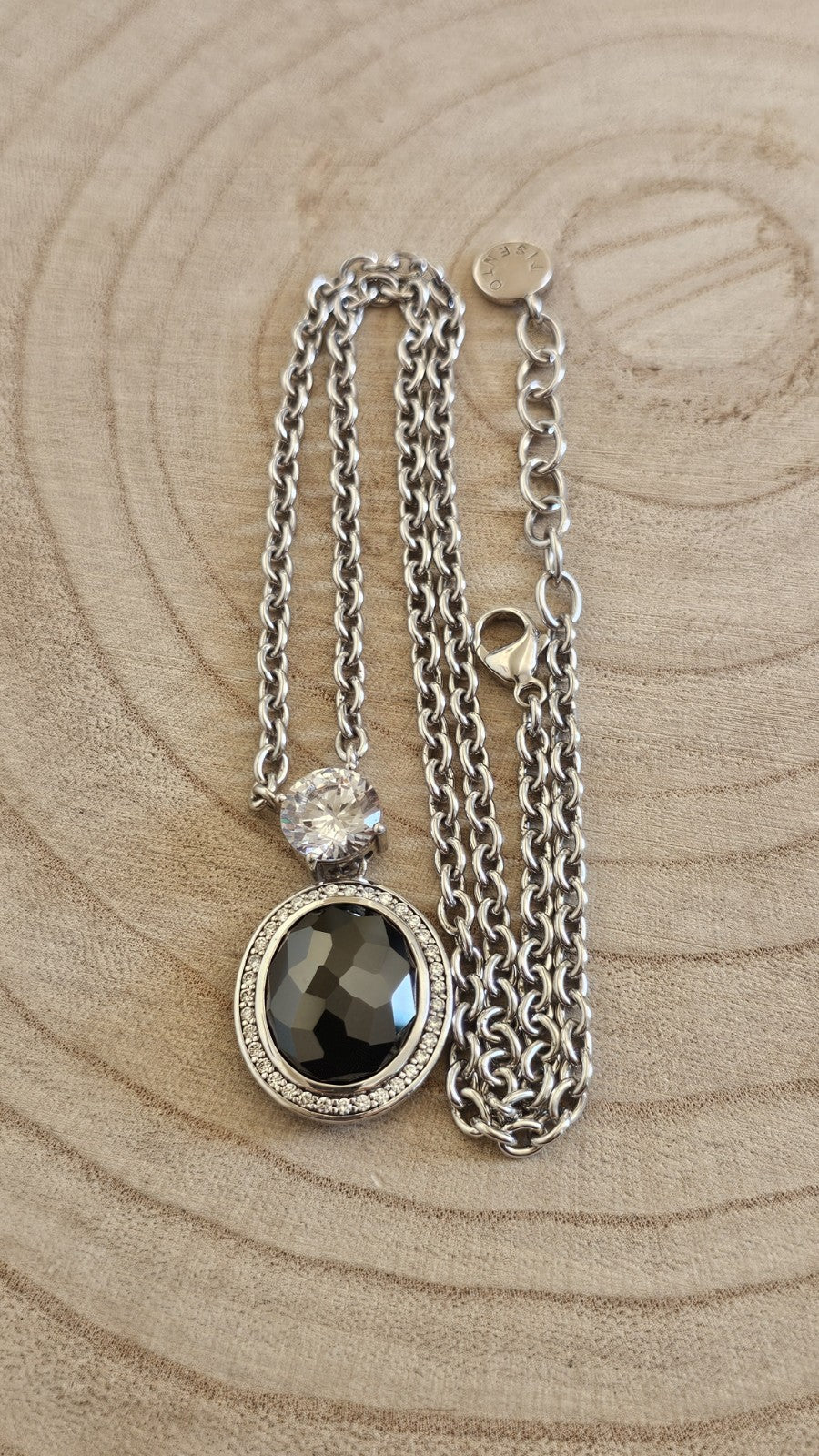TI SENTO  Sterling Silver Black & Clear Stone Pendant Necklace 19-20.5", 29.76g 