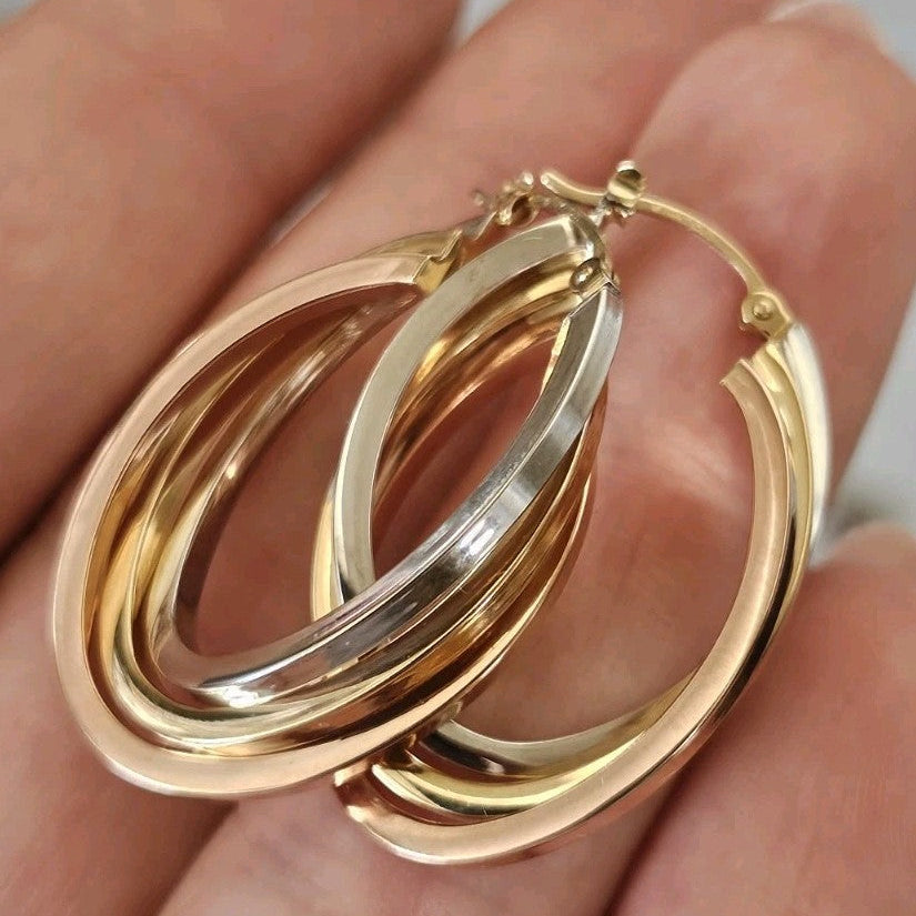 14ct Tri Colour Gold Triple Hoop Earrings 4.79g 33.5mm 14K Rose White Yellow