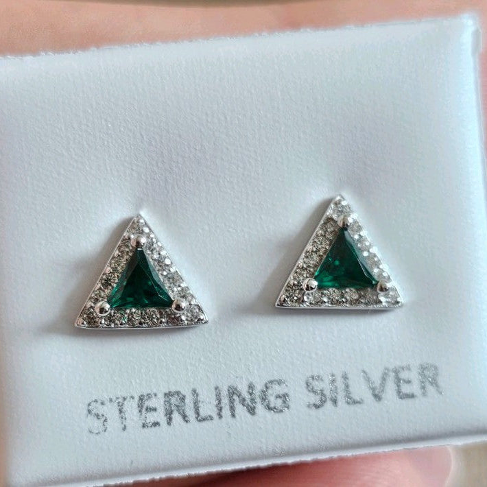 925 Sterling Silver Emerald Green CZ Triangle Stud Earrings 7.88mm