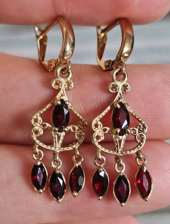 Vintage 9ct Yellow Gold Garnet Chandelier Drop Earrings 3.61g 41mm 375