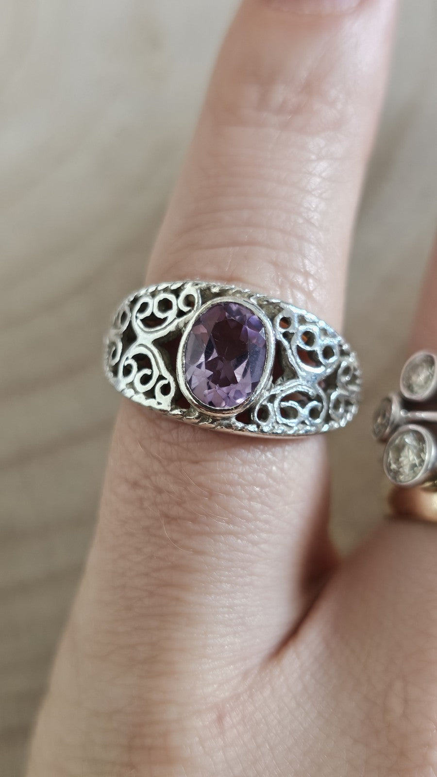 925 Sterling Silver Amethyst Filigree Statement Ring – Size M – 5.51g
