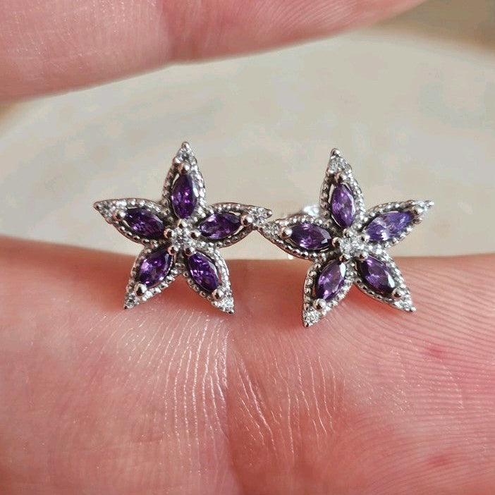 925 Sterling Silver Purple CZ Flower Stud Earrings 11mm Floral Star New