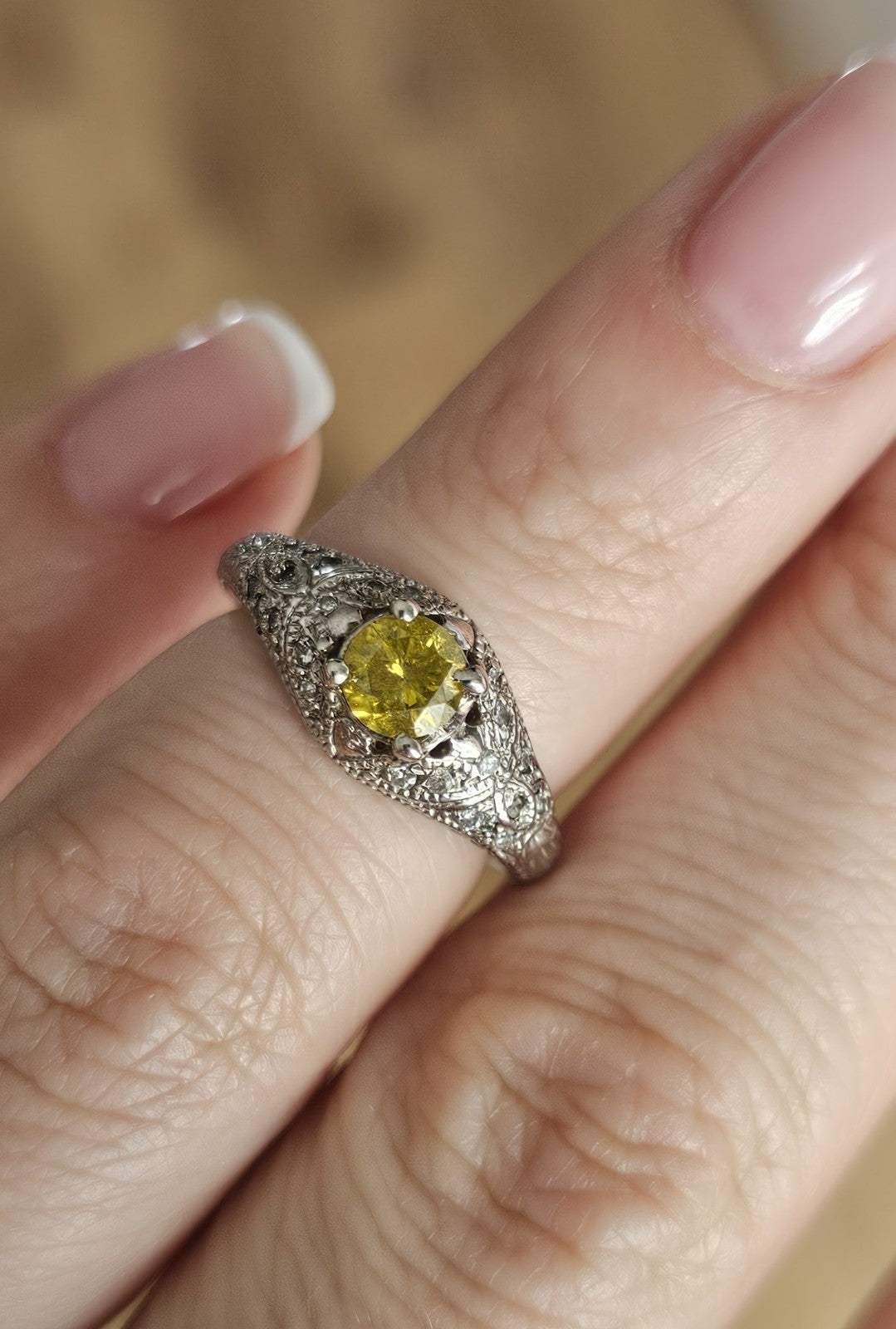 14K White Gold & 0.50 Natural Fancy Yellow  Diamond Ring, Size J 1/2