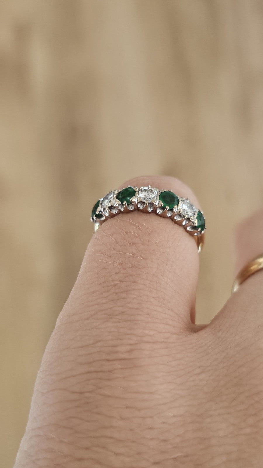 Vintage 18ct Gold Emerald & Diamond Seven-Stone Half Eternity Ring,size M 1/2
