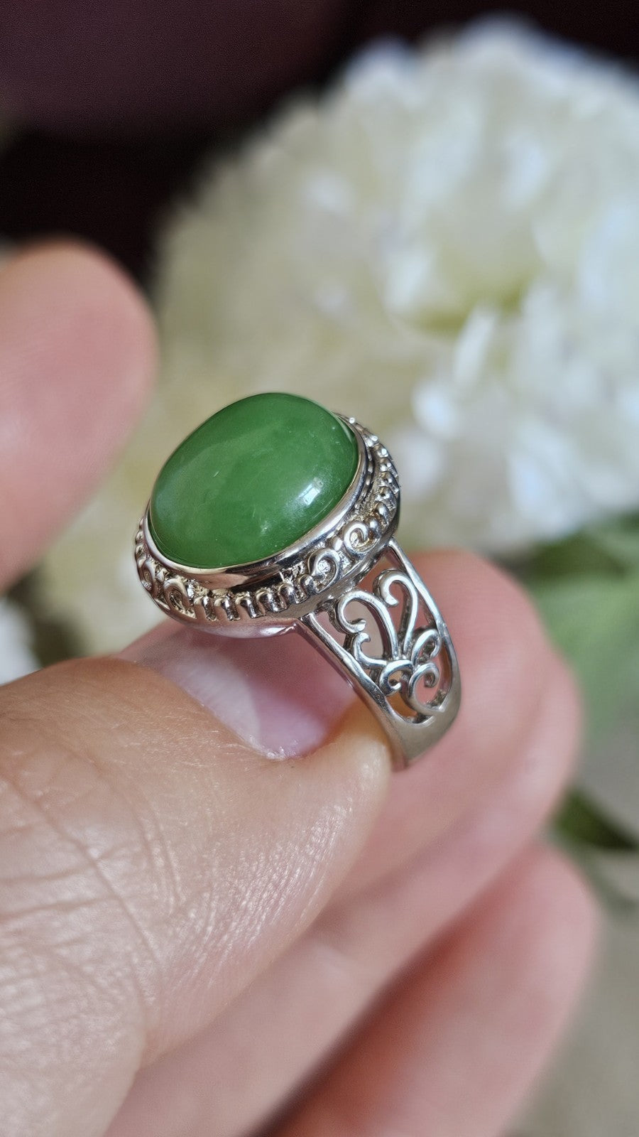 925 Sterling Silver Green Jade Oval Ring Size L 1/2 Ornate Scroll 4.92g