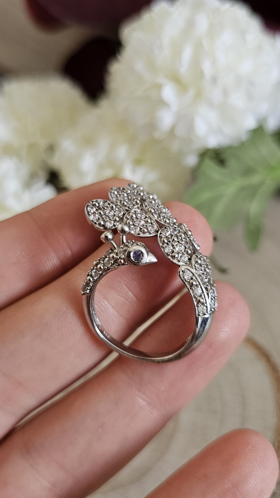 TGGC 925 Silver Natural Zircon Amethyst Peacock Ring Adjustable P 1/2