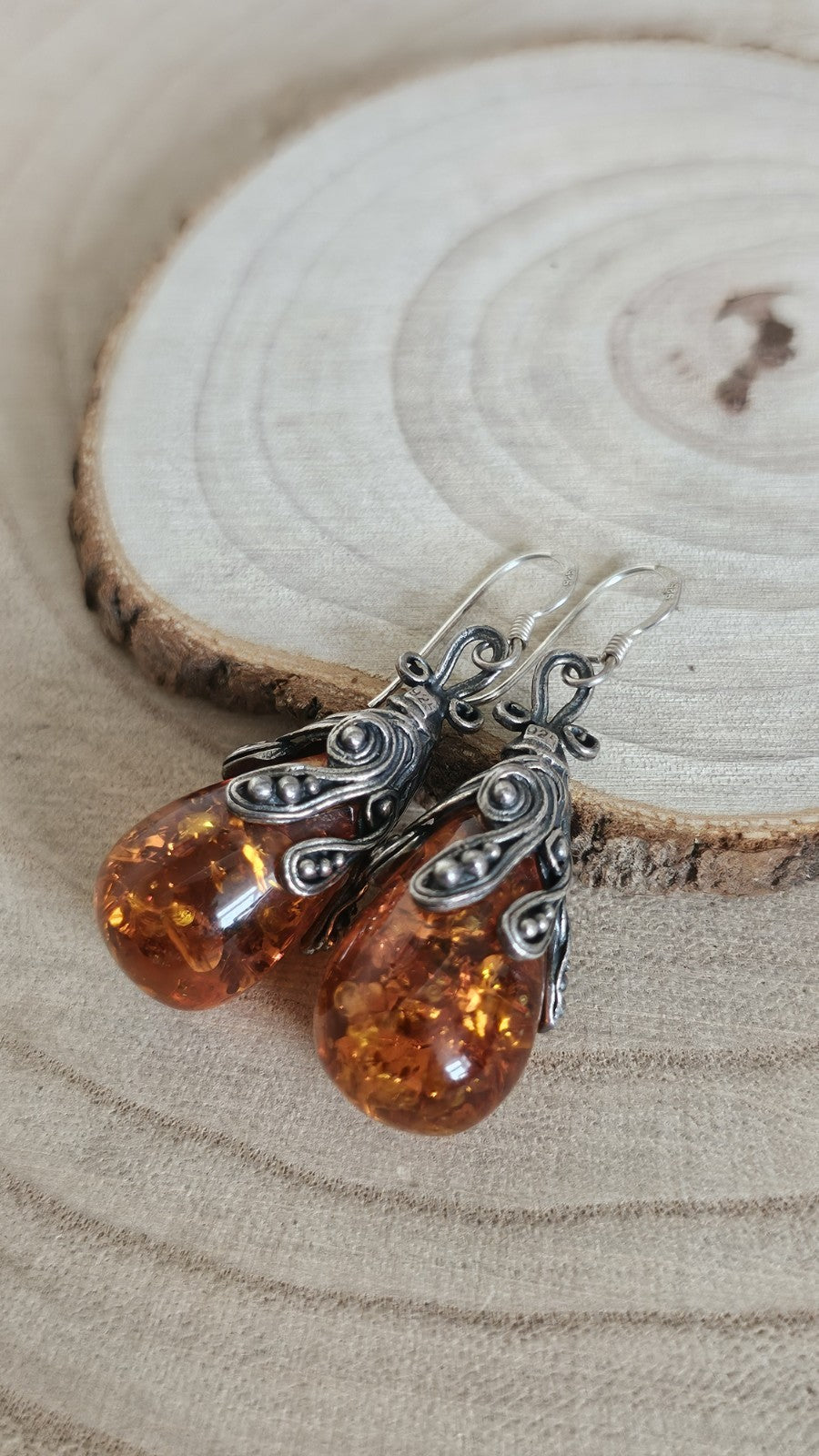 Vintage 925 Sterling Silver Amber Drop Earrings Ornate Dangle 13.57g