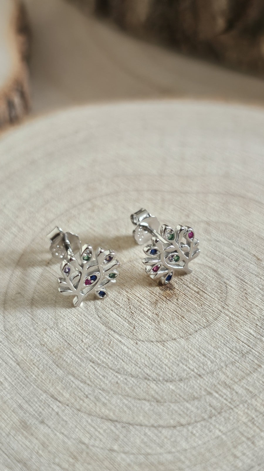 925 Sterling Silver Multicoloured CZ Tree Stud Earrings 10mm, New Boxed