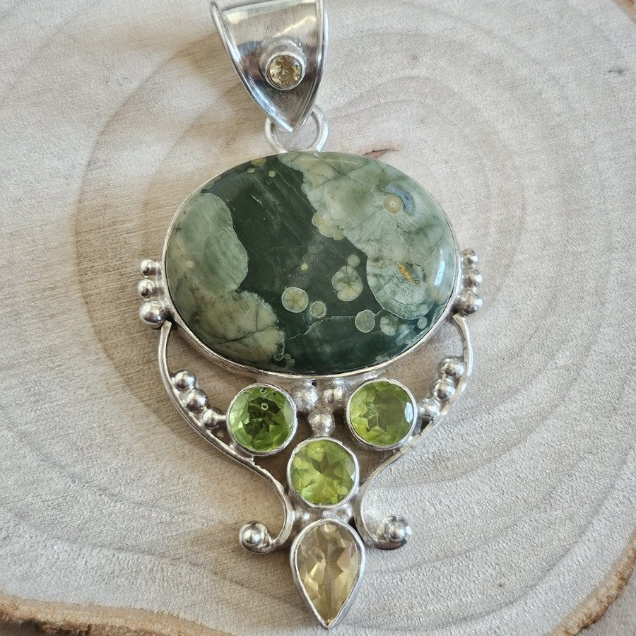 925 Sterling Silver Rainforest Jasper Peridot Citrine Pendant 60mm 17.55g