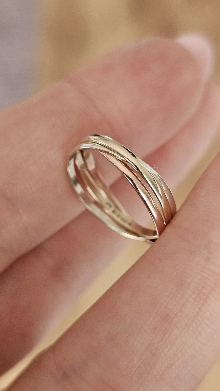 9ct Tri Colour Gold Russian Wedding Ring Triple Interlocking Bands Size K 1/2 
