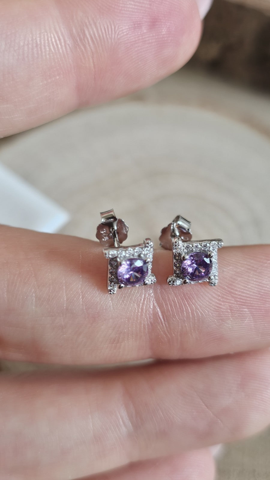 925 Sterling Silver Amethyst CZ Stud Earrings Rhodium Plated 7mm New in Box