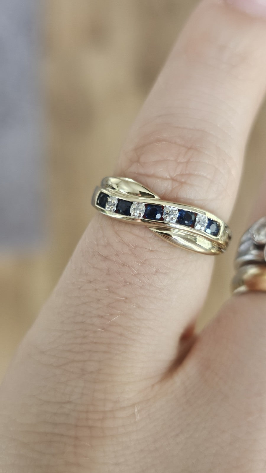 9ct Yellow Gold Natural Sapphire & Diamond Crossover Ring Size M