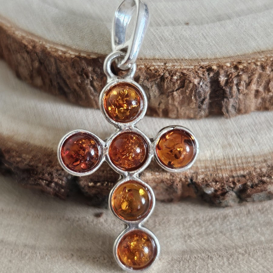 925 Sterling Silver Genuine Amber Cross Pendant Honey Cognac 37.7mm 3.10g