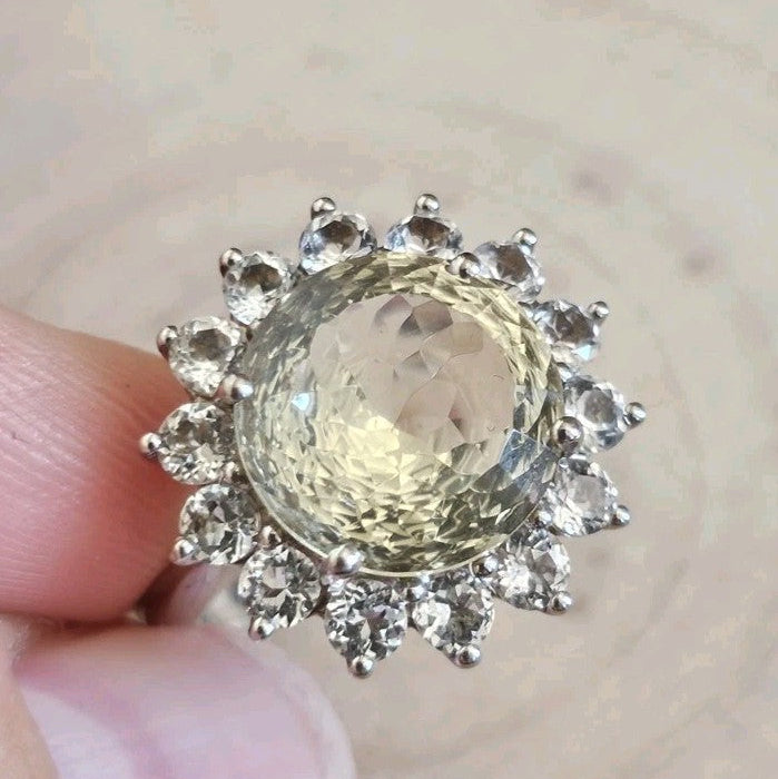 TGGC 925 Sterling Silver Green Amethyst/Prasiolite Halo Ring, Size N 1/2