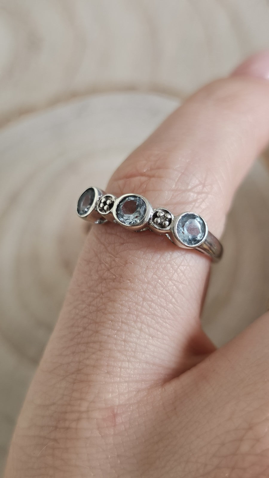 925 Sterling Silver Blue Topaz & Diamond Three Stone Ring Size N 1/2 DIA