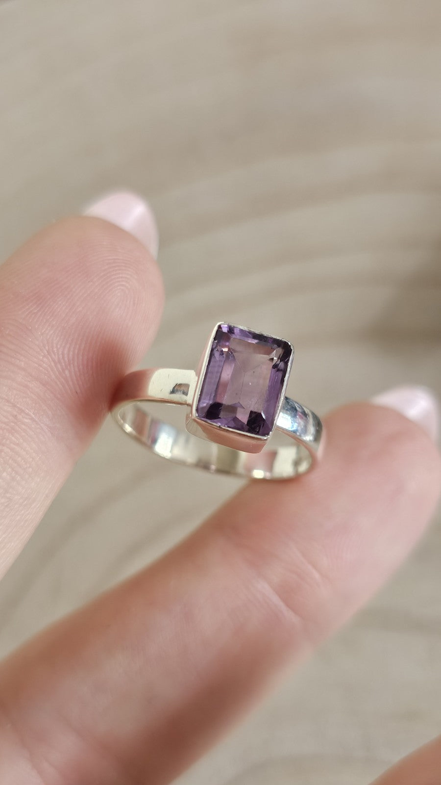 925 Sterling Silver Amethyst Ring Size U Emerald Cut Purple Gemstone 3.93g